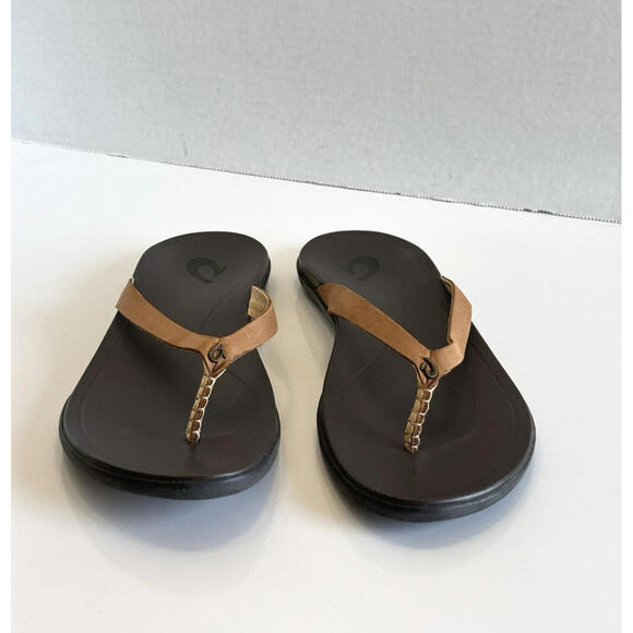 Olukai Ho'opio Flip Flops Women's 6/36 Brown Leather Thong Sandals Slip On Flats - Picture 4 of 15